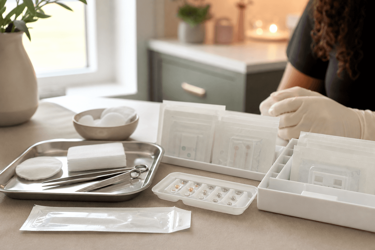 Sterile medical ear piercing supplies prepared in a warm boutique med spa room.